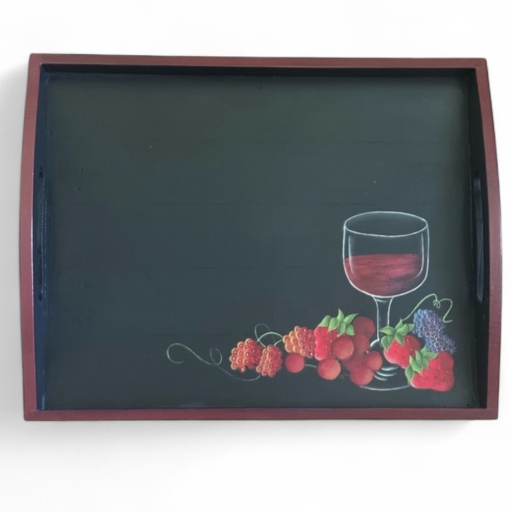 Vintage Hand Painted Chalkboard Serving Tray Wine Glass & Fruit Design